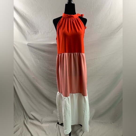 Colorblock Ruffle Hem Halter Neck Dress - Picture 6 of 9